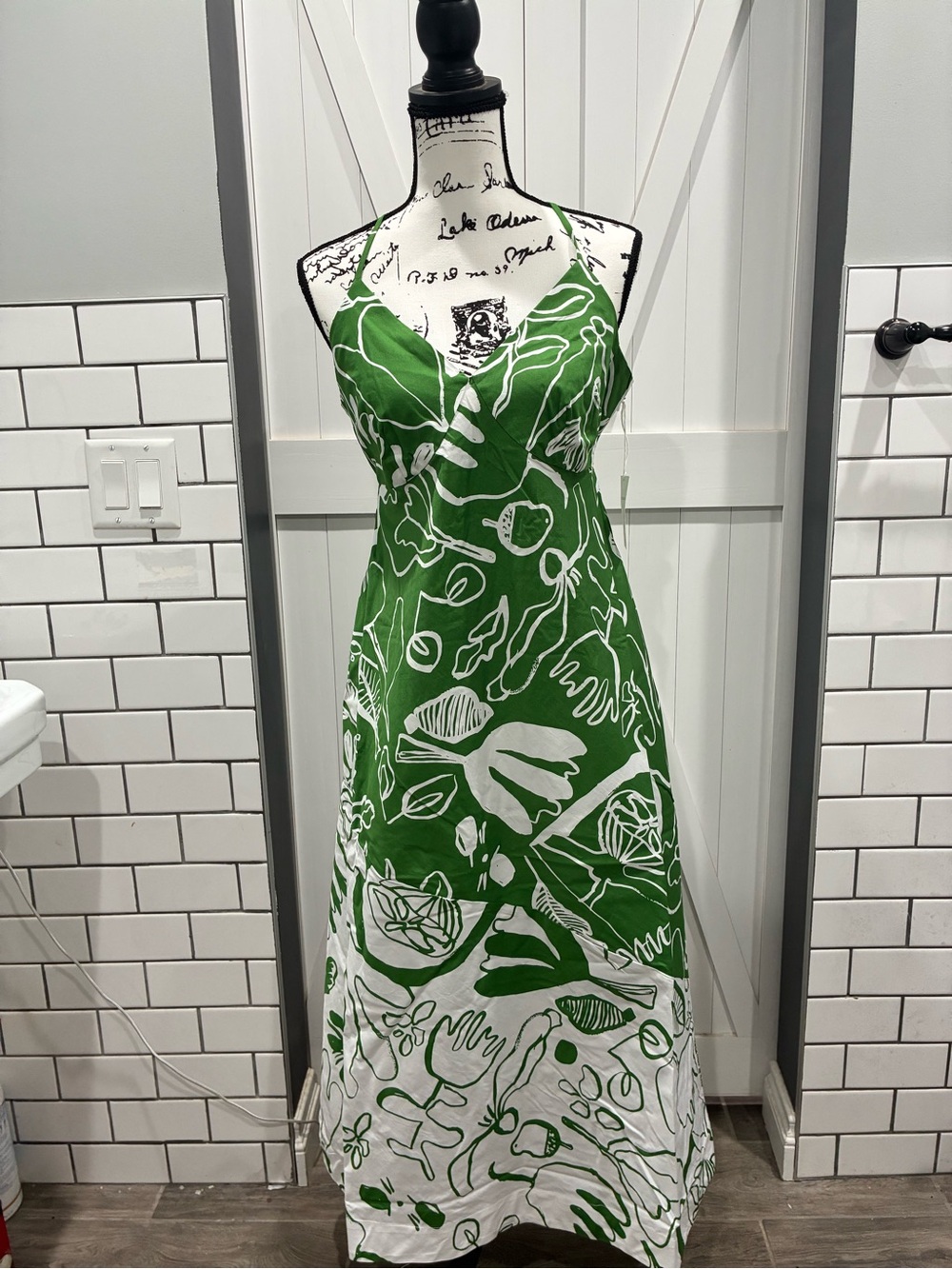 Sleeveless Green and White Halter Maxi Dress